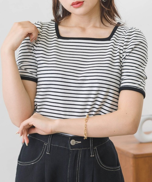 ems excite(エムズエキサイト)の「5分袖テレコカットソー(Tシャツ/カットソー・レディース・アイボリー/オフホワイト/ブラック系その他/ブラック・FREE)」の4枚目の写真