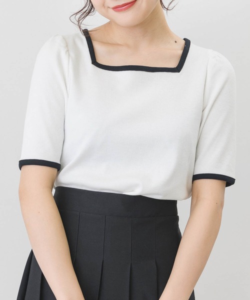 ems excite(エムズエキサイト)の「5分袖テレコカットソー(Tシャツ/カットソー・レディース・アイボリー/オフホワイト/ブラック系その他/ブラック・FREE)」の1枚目の写真