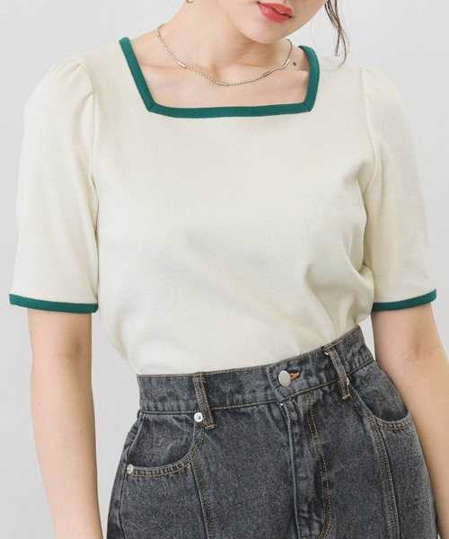 ems excite(エムズエキサイト)の「5分袖テレコカットソー(Tシャツ/カットソー・レディース・アイボリー/オフホワイト/ブラック系その他/ブラック・FREE)」の2枚目の写真