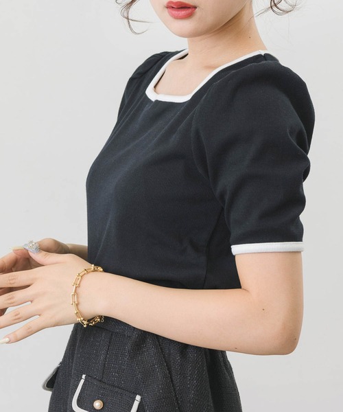 ems excite(エムズエキサイト)の「5分袖テレコカットソー(Tシャツ/カットソー・レディース・アイボリー/オフホワイト/ブラック系その他/ブラック・FREE)」の3枚目の写真