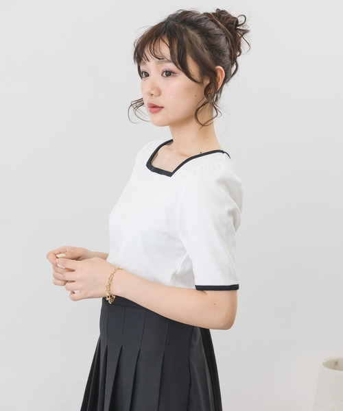 ems excite(エムズエキサイト)の「5分袖テレコカットソー(Tシャツ/カットソー・レディース・アイボリー/オフホワイト/ブラック系その他/ブラック・FREE)」の12枚目の写真