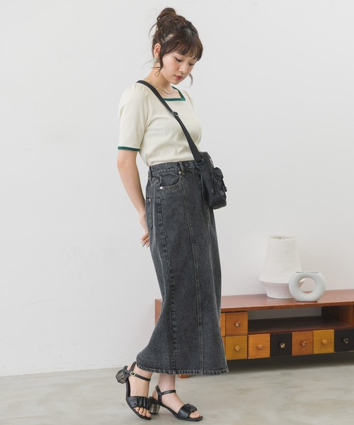 ems excite(エムズエキサイト)の「5分袖テレコカットソー(Tシャツ/カットソー・レディース・アイボリー/オフホワイト/ブラック系その他/ブラック・FREE)」の16枚目の写真