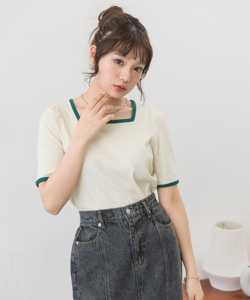 ems excite(エムズエキサイト)の「5分袖テレコカットソー(Tシャツ/カットソー・レディース・アイボリー/オフホワイト/ブラック系その他/ブラック・FREE)」の18枚目の写真