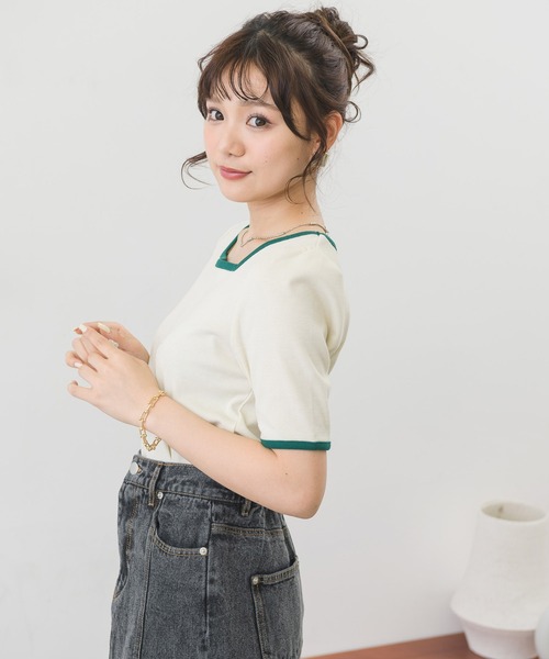 ems excite(エムズエキサイト)の「5分袖テレコカットソー(Tシャツ/カットソー・レディース・アイボリー/オフホワイト/ブラック系その他/ブラック・FREE)」の19枚目の写真