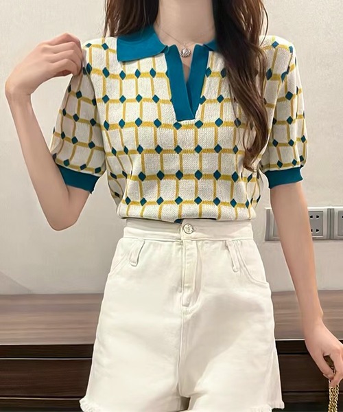 AsRiRe(アスリレイ)の「【AsRiRe】polo衿半袖ニットトップス(ポロシャツ・レディース・ブラック/ピンク/ブルー/モカ・M)」の3枚目の写真