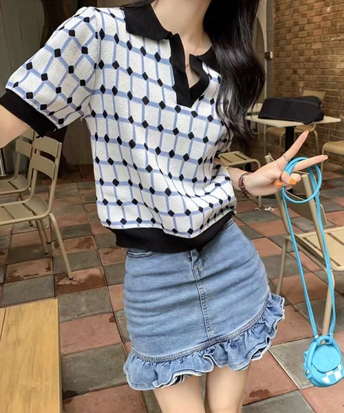 AsRiRe(アスリレイ)の「【AsRiRe】polo衿半袖ニットトップス(ポロシャツ・レディース・ブラック/ピンク/ブルー/モカ・M)」の7枚目の写真