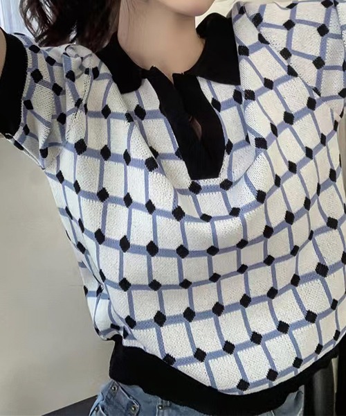 AsRiRe(アスリレイ)の「【AsRiRe】polo衿半袖ニットトップス(ポロシャツ・レディース・ブラック/ピンク/ブルー/モカ・M)」の9枚目の写真