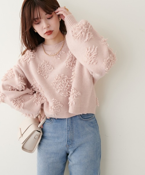 natural couture（ナチュラルクチュール）の「立体感がかわいい１枚　もしゃもしゃフラワーライクショートニット（ニット/セーター・レディース・ピンク/アイボリー/オレンジ/サックスブルー・FREE）」の12枚目の写真