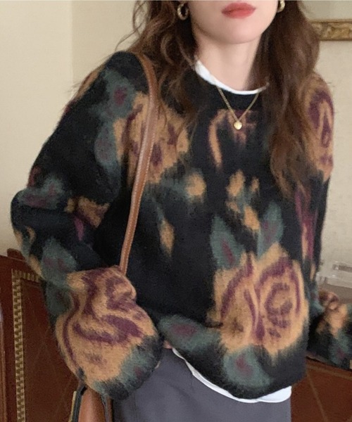 AsRiRe（アスリレイ）の「【AsRiRe】花柄ニットプルオーバー（ニット/セーター・レディース・ブラック/レッド・M）」の7枚目の写真