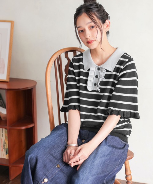 somari imagination(ソマリ イマジネーション)の「ボーダー柄フリルニットポロシャツ(ポロシャツ・レディース・ネイビー/ライトベージュ/ブラック・2/1)」の21枚目の写真