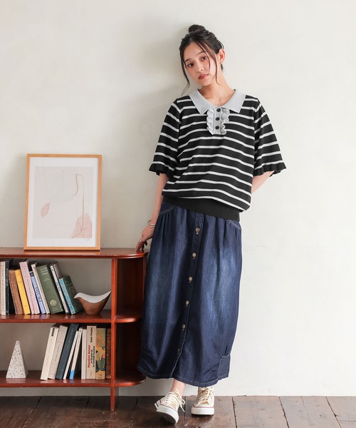 somari imagination(ソマリ イマジネーション)の「ボーダー柄フリルニットポロシャツ(ポロシャツ・レディース・ネイビー/ライトベージュ/ブラック・2/1)」の19枚目の写真