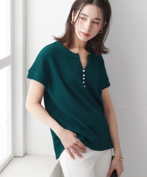 nissen(ニッセン)の「ふくれジャガードカットソーパール調ビーズ付スキッパートップス(Tシャツ/カットソー・レディース・ブラック/グリーン/モカ・S/M/L/LL)」の3枚目の写真