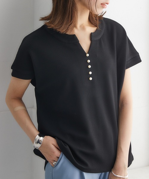 nissen(ニッセン)の「ふくれジャガードカットソーパール調ビーズ付スキッパートップス(Tシャツ/カットソー・レディース・ブラック/グリーン/モカ・S/M/L/LL)」の8枚目の写真