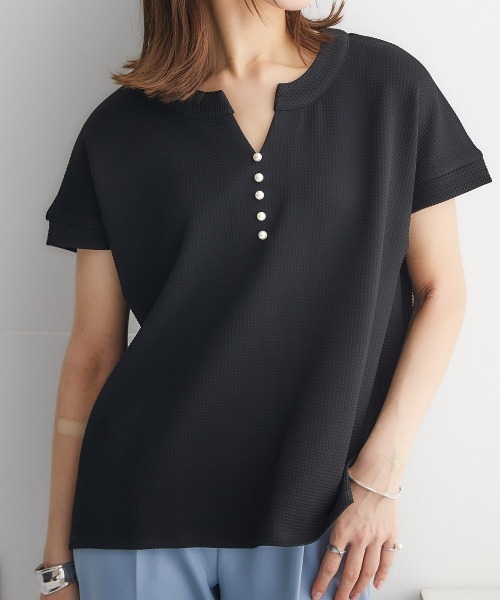 nissen(ニッセン)の「ふくれジャガードカットソーパール調ビーズ付スキッパートップス(Tシャツ/カットソー・レディース・ブラック/グリーン/モカ・S/M/L/LL)」の6枚目の写真