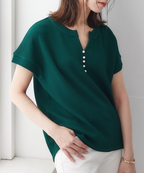 nissen(ニッセン)の「ふくれジャガードカットソーパール調ビーズ付スキッパートップス(Tシャツ/カットソー・レディース・ブラック/グリーン/モカ・S/M/L/LL)」の15枚目の写真