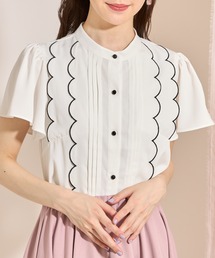 tocco closet | フロントタック×スカラップ刺繍フレアスリーブ配色ブラウス(シャツ/ブラウス)