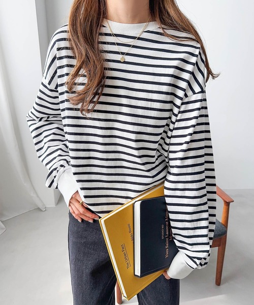 andme(アンドミー)の「タックボリューム袖長袖Tシャツ(Tシャツ/カットソー・レディース・ブラック/ホワイト×ブラック/ブラウン/ベージュ系その他/ブルーグレー/スミクロ/オフホワイト・M)」の10枚目の写真