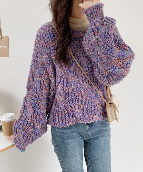 セール】ボリュームスリーブミックスカラーケーブルニットプルオーバー  