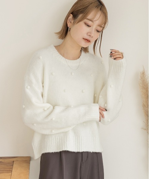 ad thie(アドティエ)の「ドット柄・クルーネック ショート丈ニット(ニット/セーター・レディース・オフホワイト/グレー/グリーン・FREE)」の6枚目の写真