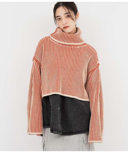 セール】配色リバーシブルタートルクロップドニット（ニット/セーター