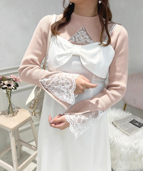 セール】フロント袖レースリブニットプルオーバー【ZOZOTOWN限定