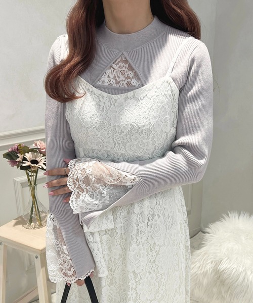 セール】フロント袖レースリブニットプルオーバー【ZOZOTOWN限定