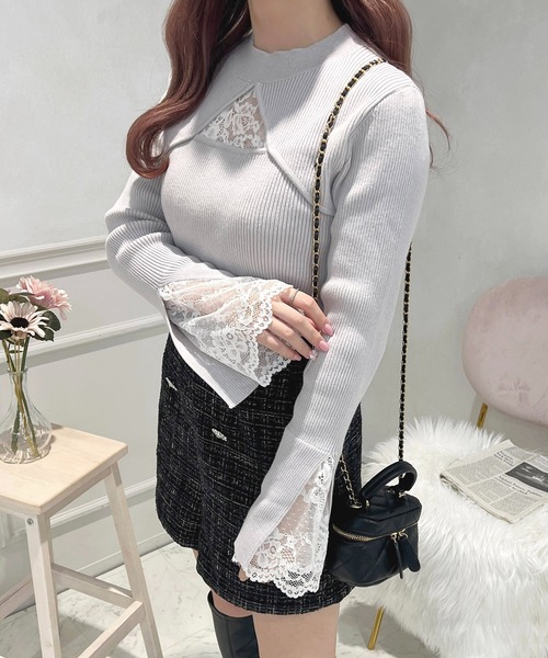 セール】フロント袖レースリブニットプルオーバー【ZOZOTOWN限定
