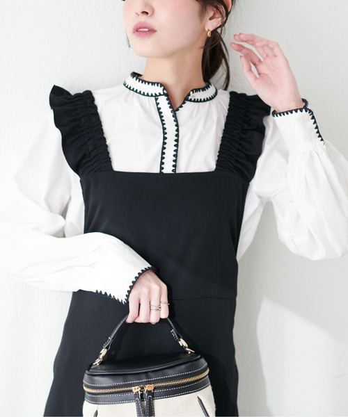 natural couture（ナチュラルクチュール）の「はまぐり刺繍配色ギャザーブラウス（シャツ/ブラウス・レディース・オフホワイト/サックスブルー/ライトベージュ・FREE）」の6枚目の写真