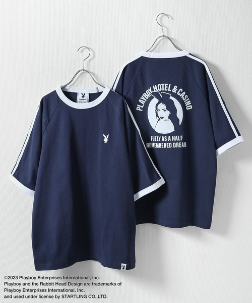 PLAYBOY(プレイボーイ)の「【PLAYBOY】×【SEQUENZ】 綿100 ライン バックプリント リンガーTシャツ(Tシャツ/カットソー・メンズ・ブラック/レッド/ネイビー/アイボリー・SMALL/MEDIUM/LARGE/X-LARGE)」の4枚目の写真