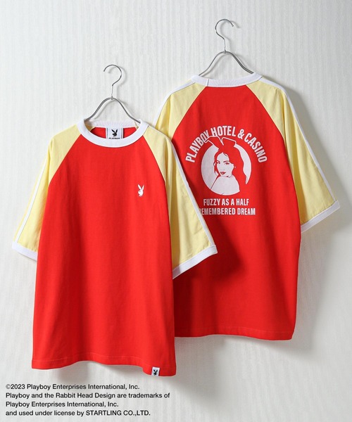 PLAYBOY(プレイボーイ)の「【PLAYBOY】×【SEQUENZ】 綿100 ライン バックプリント リンガーTシャツ(Tシャツ/カットソー・メンズ・ブラック/レッド/ネイビー/アイボリー・SMALL/MEDIUM/LARGE/X-LARGE)」の1枚目の写真