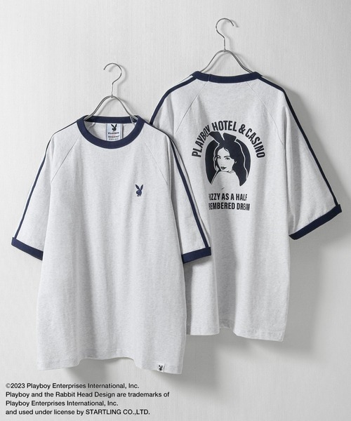 PLAYBOY(プレイボーイ)の「【PLAYBOY】×【SEQUENZ】 綿100 ライン バックプリント リンガーTシャツ(Tシャツ/カットソー・メンズ・ブラック/レッド/ネイビー/アイボリー・SMALL/MEDIUM/LARGE/X-LARGE)」の2枚目の写真