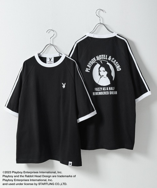 PLAYBOY(プレイボーイ)の「【PLAYBOY】×【SEQUENZ】 綿100 ライン バックプリント リンガーTシャツ(Tシャツ/カットソー・メンズ・ブラック/レッド/ネイビー/アイボリー・SMALL/MEDIUM/LARGE/X-LARGE)」の3枚目の写真