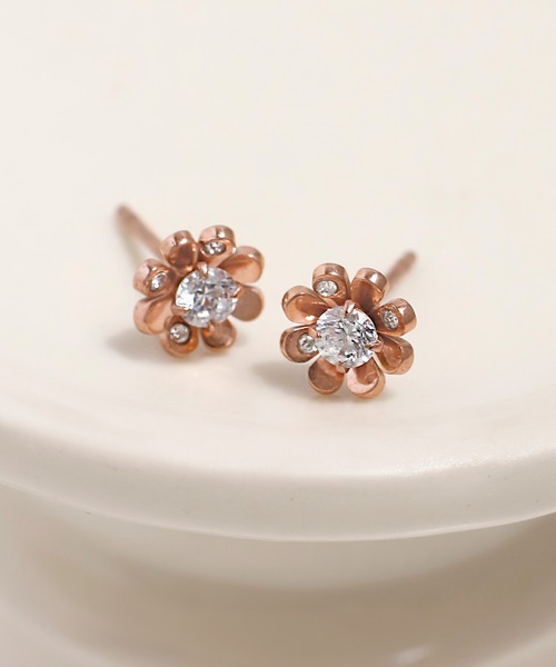 ステンレス】ビジュー×ミニフラワーピアス（ピアス（両耳用