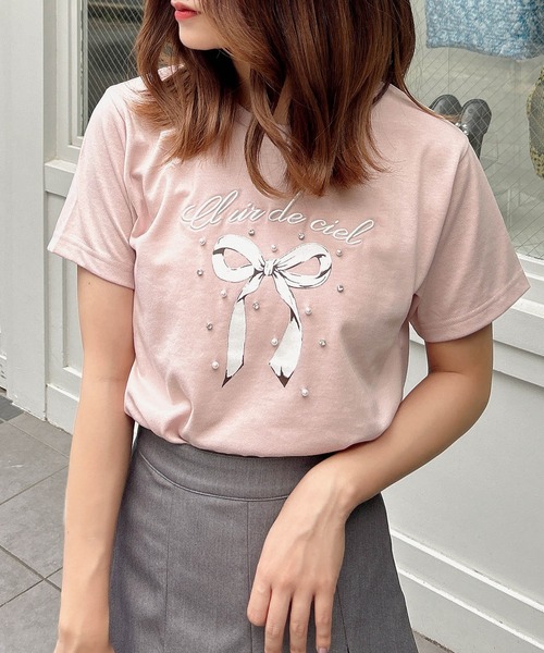 INGNI(イング)の「装飾付きリボンロゴTシャツ(Tシャツ/カットソー・レディース・ホワイト×ピンク/ライトピンク/ホワイト×ブルー/ブラック・M)」の1枚目の写真