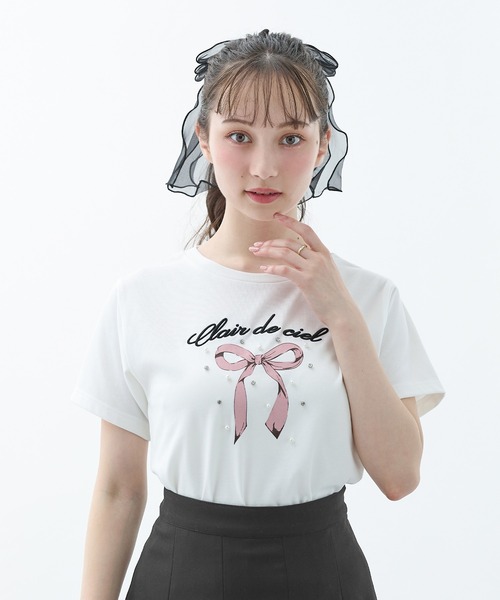 INGNI(イング)の「装飾付きリボンロゴTシャツ(Tシャツ/カットソー・レディース・ホワイト×ピンク/ライトピンク/ホワイト×ブルー/ブラック・M)」の3枚目の写真