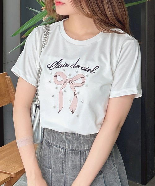 INGNI(イング)の「装飾付きリボンロゴTシャツ(Tシャツ/カットソー・レディース・ホワイト×ピンク/ライトピンク/ホワイト×ブルー/ブラック・M)」の5枚目の写真