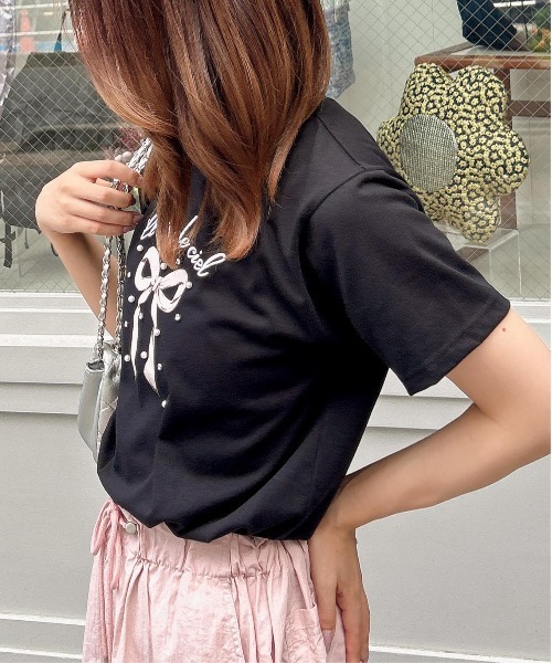 INGNI(イング)の「装飾付きリボンロゴTシャツ(Tシャツ/カットソー・レディース・ホワイト×ピンク/ライトピンク/ホワイト×ブルー/ブラック・M)」の8枚目の写真