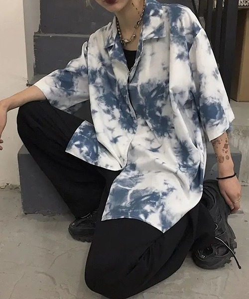 WARAIJOGO(ワライジョウゴ)の「【WARAIJOGO】タイダイ風総柄プリントオーバーサイズ半袖シャツ(NEZ)(Tシャツ/カットソー・メンズ・ブルー/ブラック・FREE)」の9枚目の写真