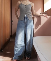 Reurie' | オリジナルハイライズカーブデニム／original high rise curve denim ロング丈 ジーンズ パンツ ワイド ベーシック カジュアル シンプル ブルー インディゴ 青 黒 ブラック(デニムパンツ)