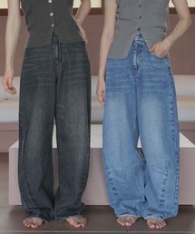 Reurie' | オリジナルハイライズカーブデニム/original high rise curve denim ロング丈 ジーンズ パンツ ワイド ベーシック カジュアル シンプル ブルー インディゴ 青 黒 ブラック(デニムパンツ)