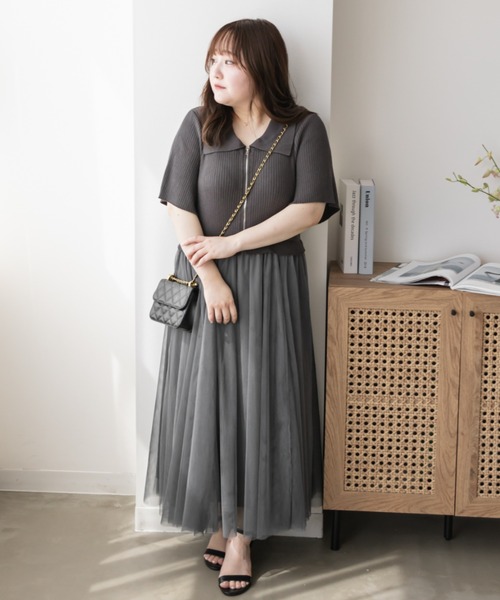 CLETTE(クレット)の「ジップニットドッキングチュールワンピース(ワンピース・レディース・ブラック/チャコールグレー・LL/4L/3L)」の2枚目の写真