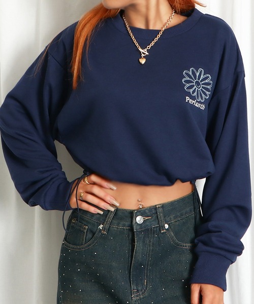 GORGE（ゴージ）の「《ドローコード×花ラメプリント》レディース 裏毛クロップドスウェット トレーナー 長袖 春秋冬（スウェット・レディース・ネイビー/ボルドー/オートミール・F）」の11枚目の写真