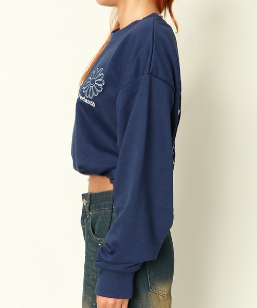 GORGE（ゴージ）の「《ドローコード×花ラメプリント》レディース 裏毛クロップドスウェット トレーナー 長袖 春秋冬（スウェット・レディース・ネイビー/ボルドー/オートミール・F）」の7枚目の写真