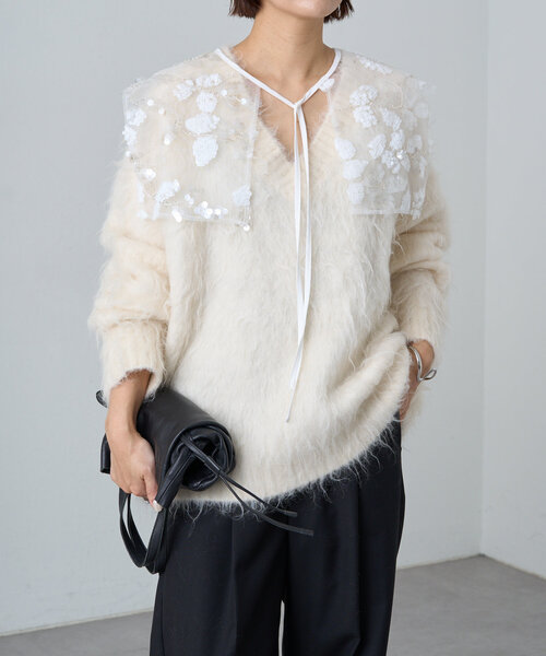 Omekashi（オメカシ）の「スパンコールビジューケープ（カーディガン/ボレロ・レディース・オフホワイト/ブラック・FREE）」の8枚目の写真