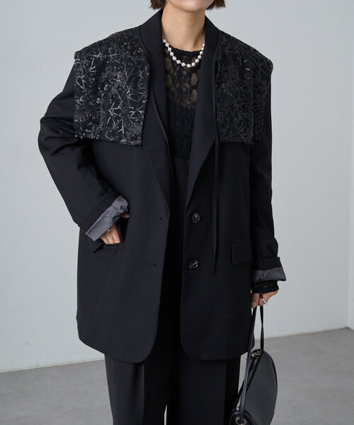 Omekashi（オメカシ）の「スパンコールビジューケープ（カーディガン/ボレロ・レディース・オフホワイト/ブラック・FREE）」の20枚目の写真