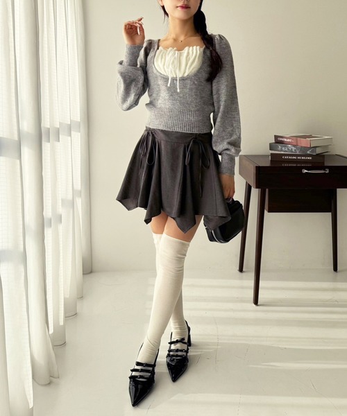 one after another NICE CLAUP（ワンアフターアナザーナイスクラップ）の「イレヘムドロストミニスカート（スカート・レディース・チャコールグレー/アイボリー/ブラック・FREE）」の4枚目の写真