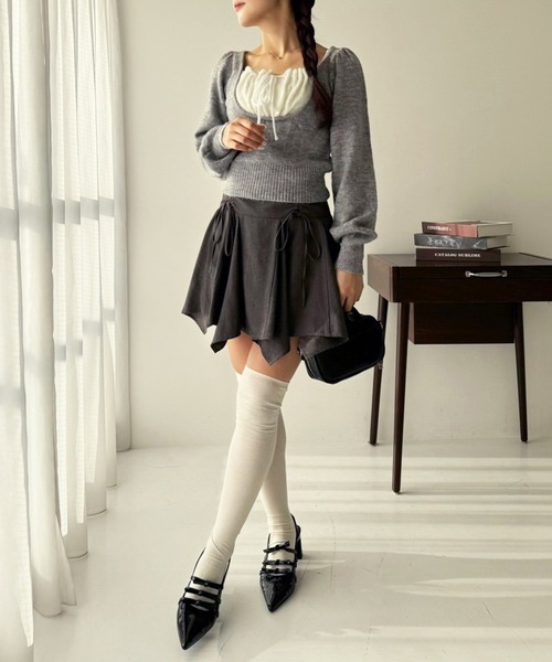 one after another NICE CLAUP（ワンアフターアナザーナイスクラップ）の「イレヘムドロストミニスカート（スカート・レディース・チャコールグレー/アイボリー/ブラック・FREE）」の5枚目の写真