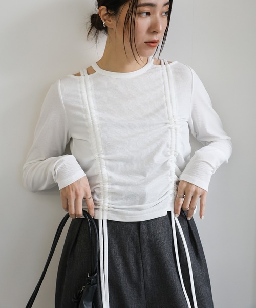 select MOCA(セレクトモカ)の「テレコダブルギャザートップス(Tシャツ/カットソー・レディース・ブラック/オフホワイト/ブルー・FREE)」の2枚目の写真
