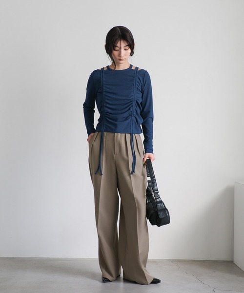select MOCA(セレクトモカ)の「テレコダブルギャザートップス(Tシャツ/カットソー・レディース・ブラック/オフホワイト/ブルー・FREE)」の4枚目の写真