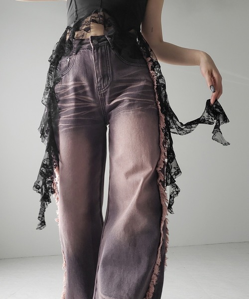 3SIZE 】ヴィンテージピンクウォッシュダメージワイドデニム